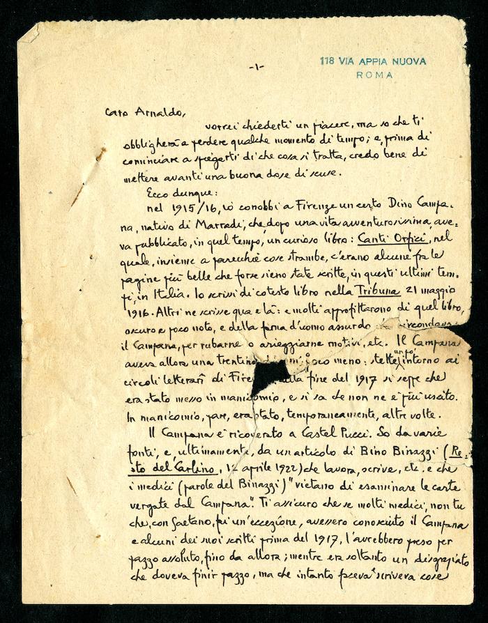 Lettera di Emilio Cecchi ad Arnaldo Pieraccini, 1922 (Archivio Pieraccini)