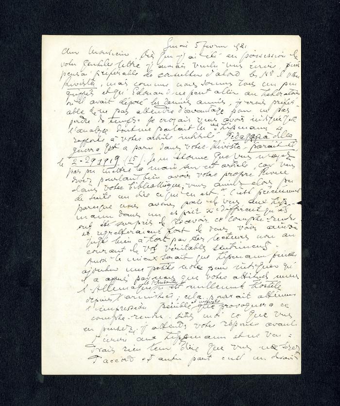 Lettera di Hélène Spir Claparède a Giulio Cesare Ferrari, Ginevra, 5 febbraio 1921 [1] (Archivio Ferrari)
