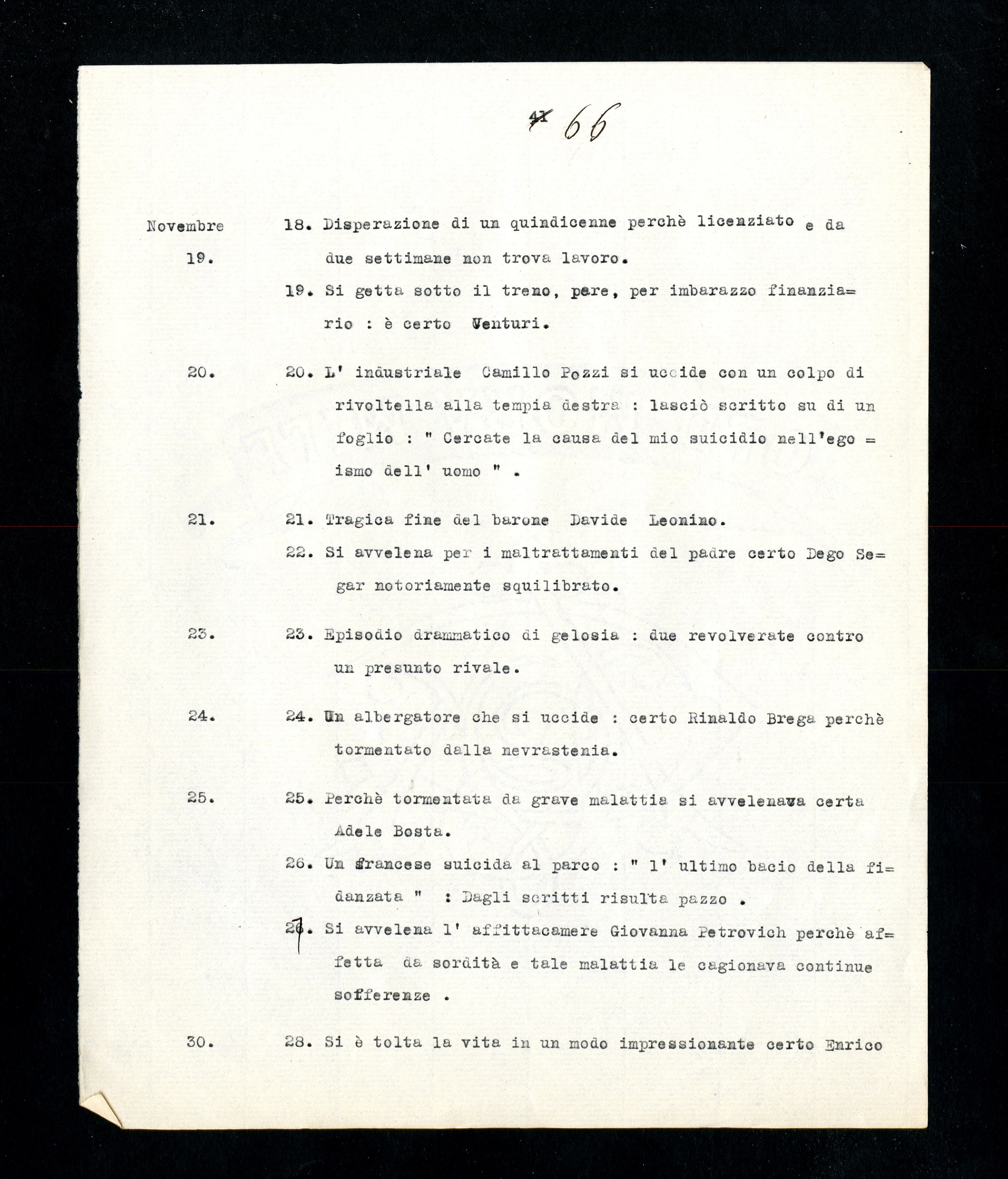 “Statistica nominativa di atti violenti commessi da alienati in libertà in Milano”, p. 66 (Archivio Antonini)