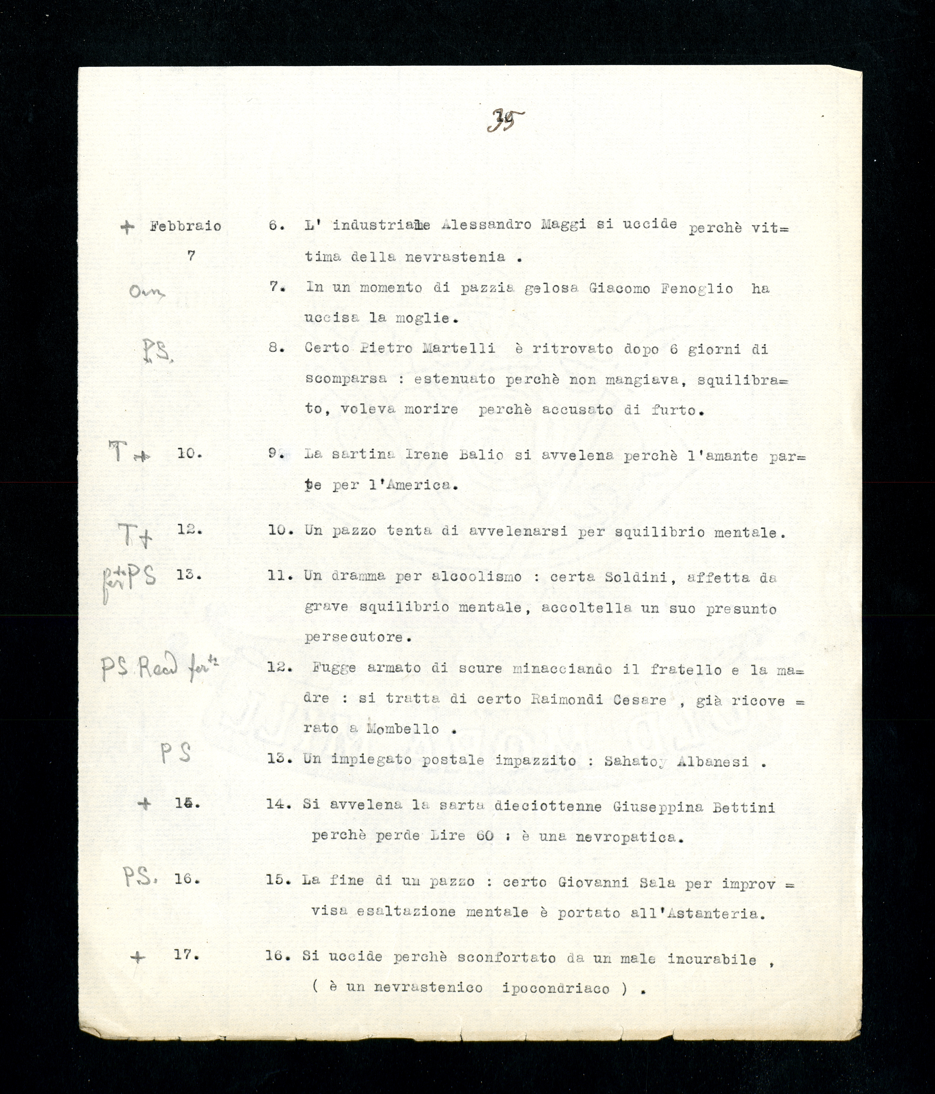 “Statistica nominativa di atti violenti commessi da alienati in libertà in Milano”, p. 35 (Archivio Antonini)