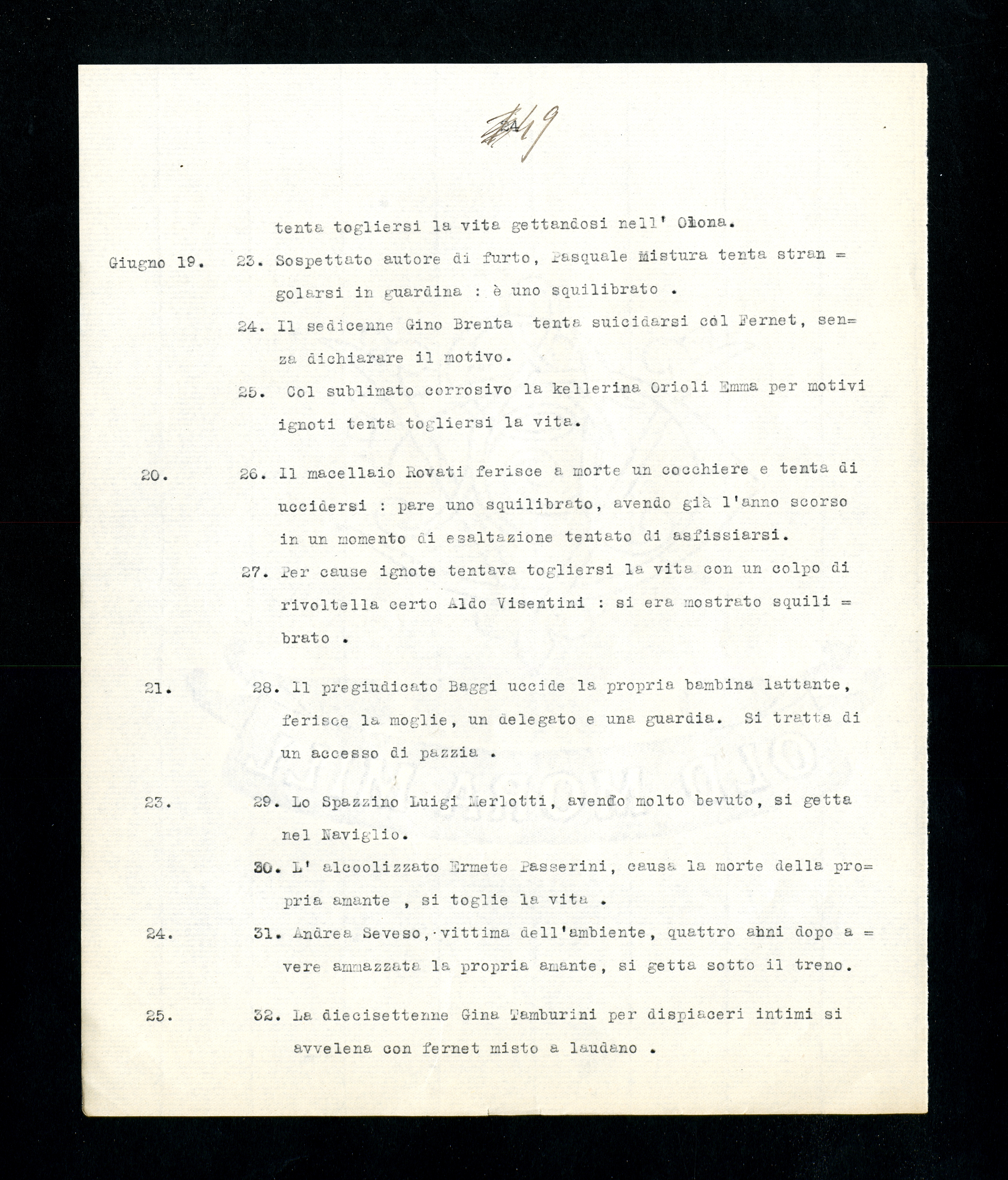 “Statistica nominativa di atti violenti commessi da alienati in libertà in Milano”, p. 49 (Archivio Antonini)