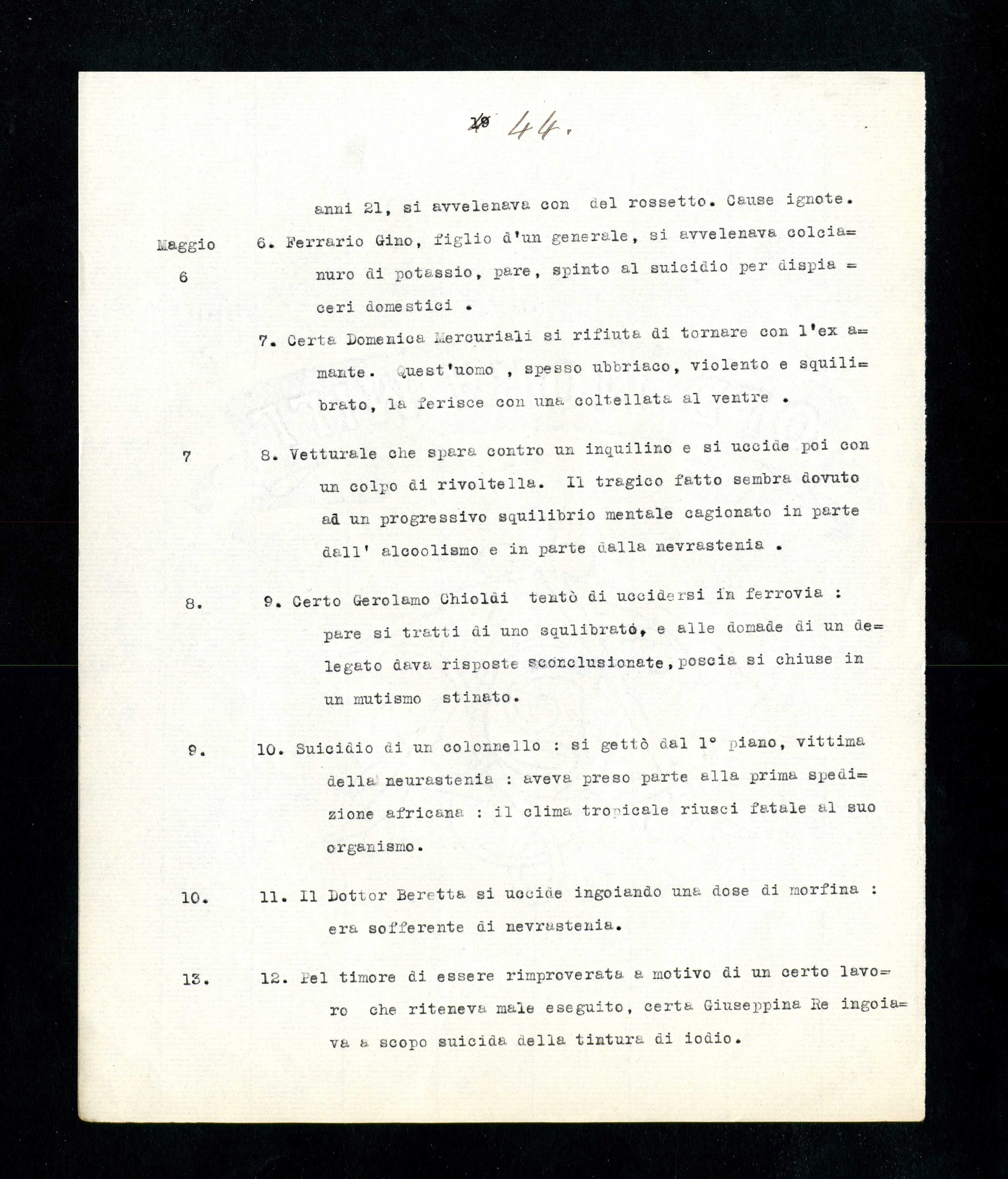“Statistica nominativa di atti violenti commessi da alienati in libertà in Milano”, p. 44 (Archivio Antonini)