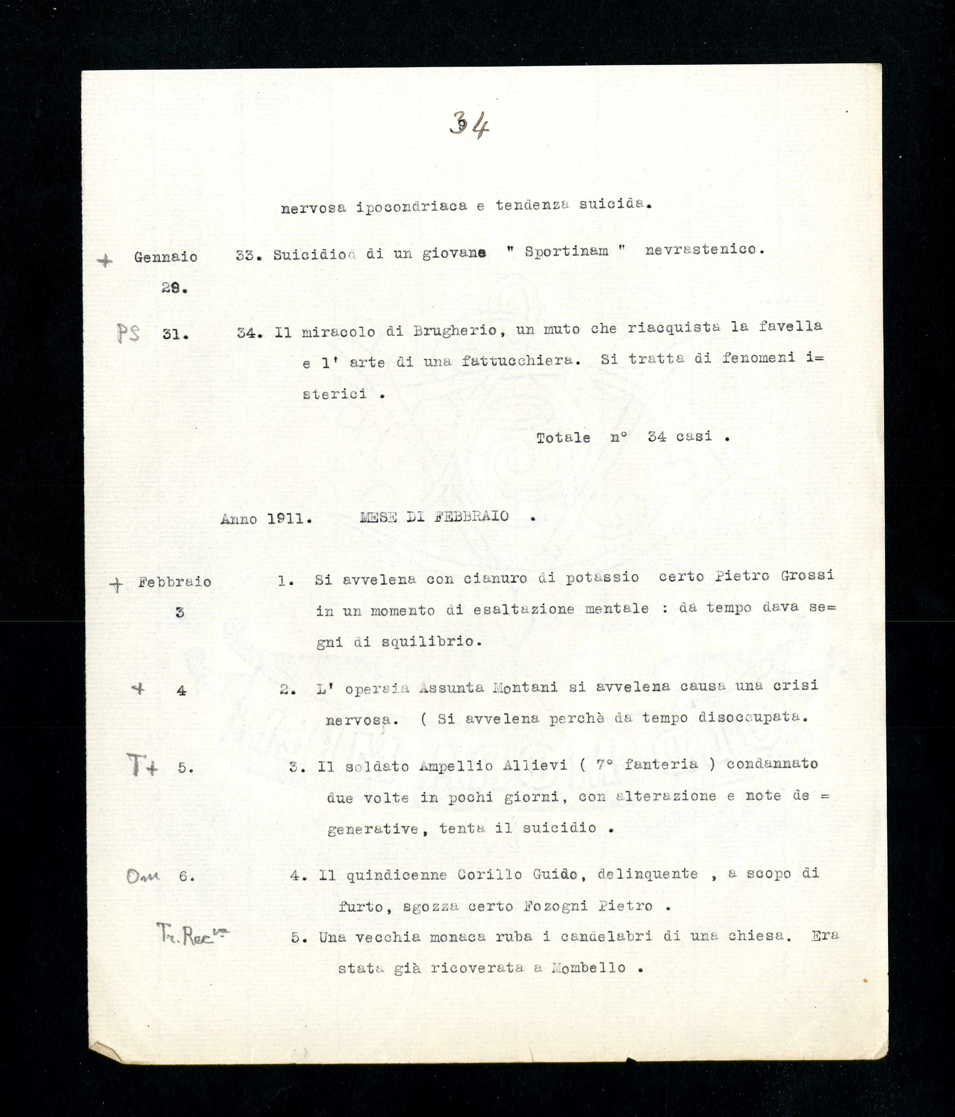 “Statistica nominativa di atti violenti commessi da alienati in libertà in Milano”, p. 34 (Archivio Antonini)