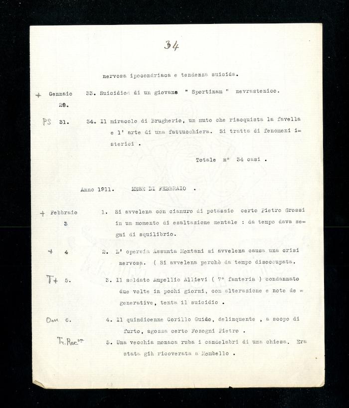 “Statistica nominativa di atti violenti commessi da alienati in libertà in Milano”, p. 34 (Archivio Antonini)
