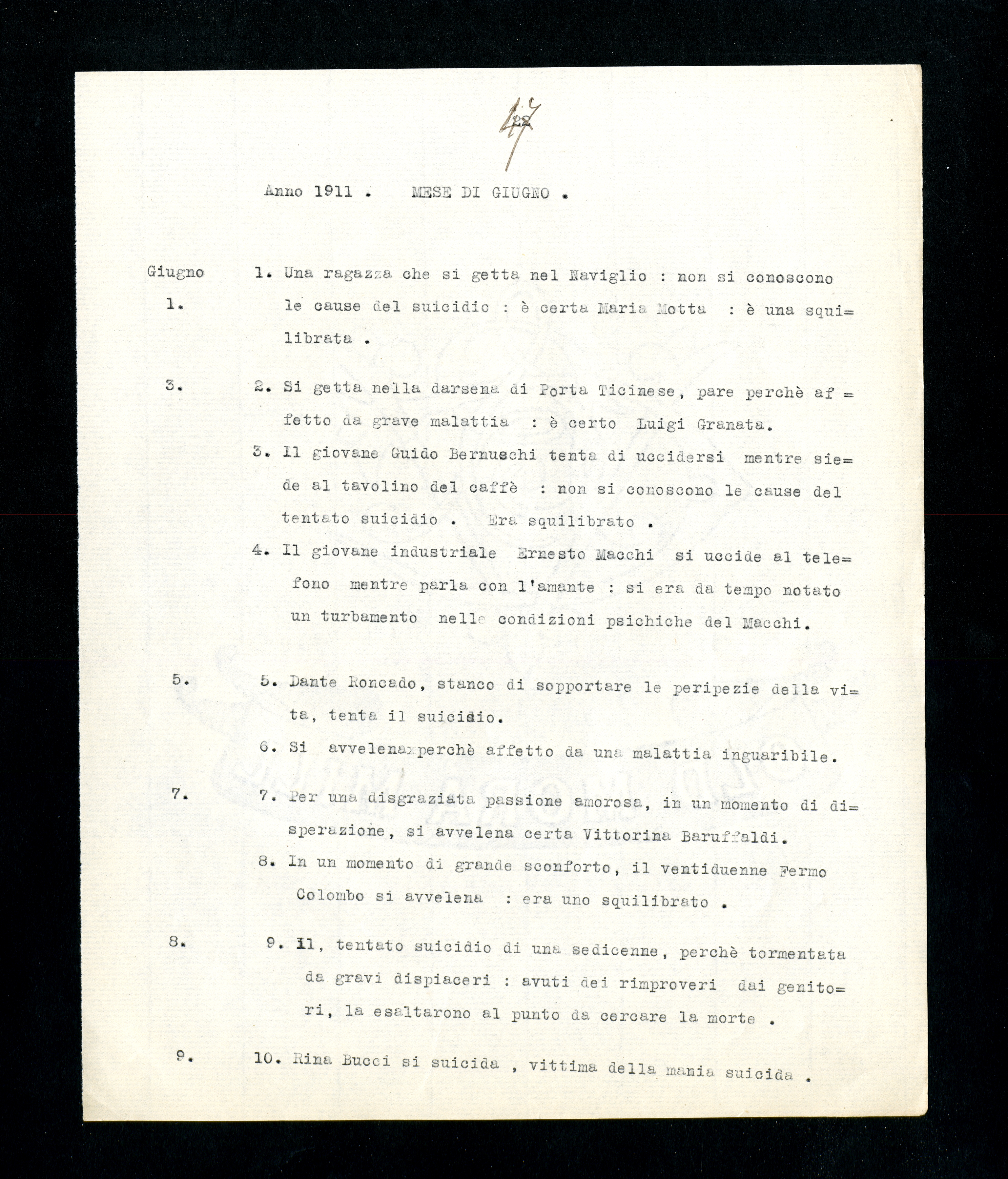 “Statistica nominativa di atti violenti commessi da alienati in libertà in Milano”, p. 47 (Archivio Antonini)