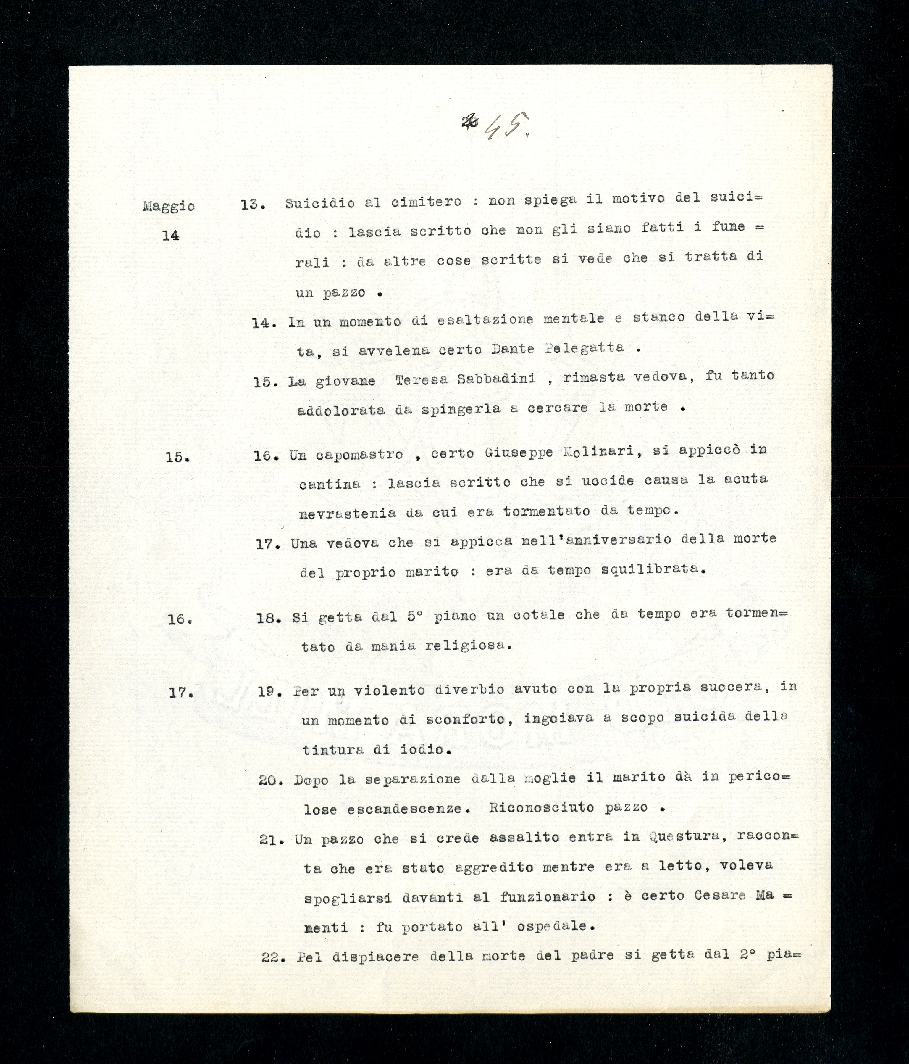 “Statistica nominativa di atti violenti commessi da alienati in libertà in Milano”, p. 45 (Archivio Antonini)