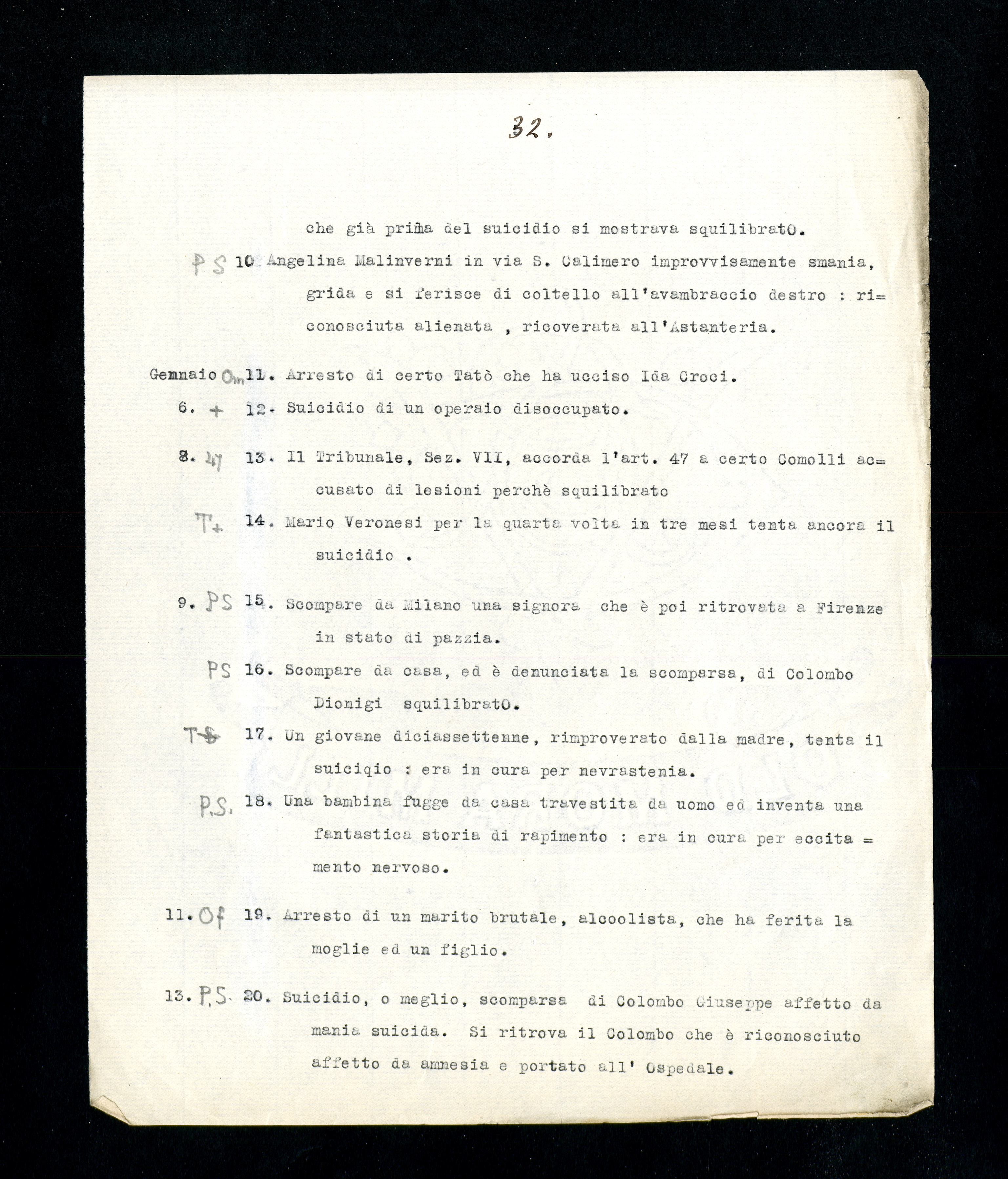 “Statistica nominativa di atti violenti commessi da alienati in libertà in Milano”, p. 32 (Archivio Antonini)