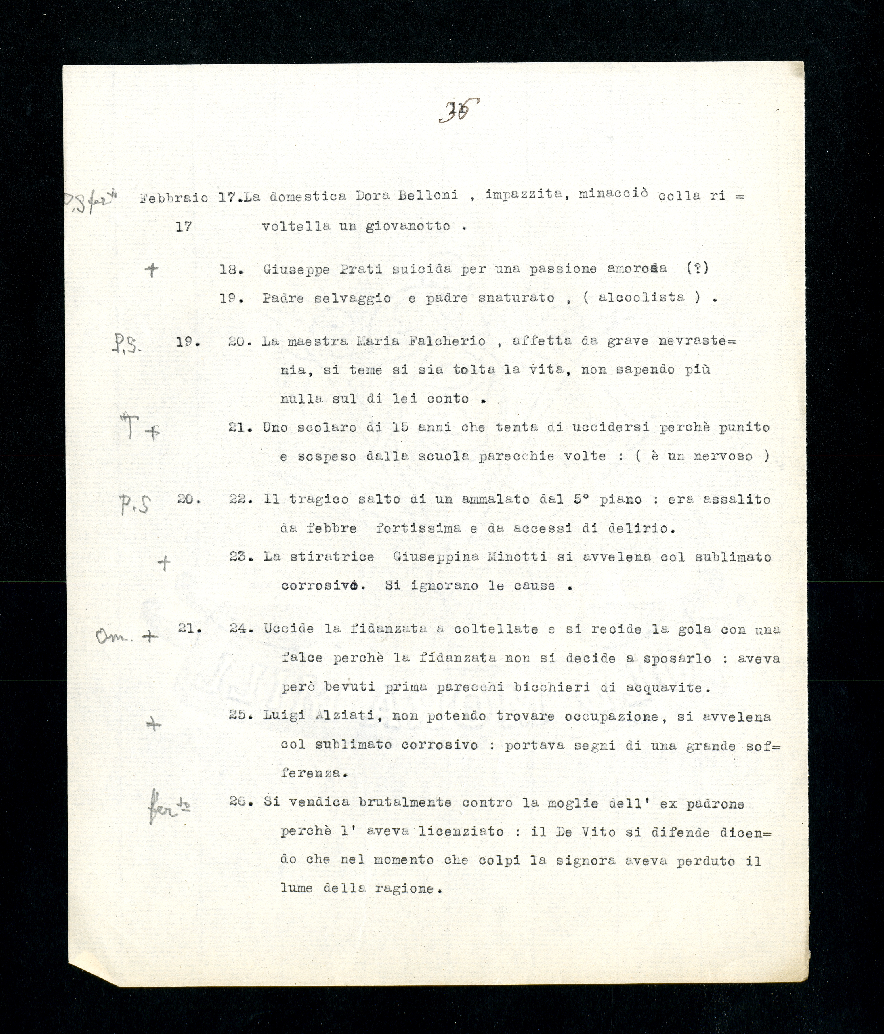 “Statistica nominativa di atti violenti commessi da alienati in libertà in Milano”, p. 36 (Archivio Antonini)