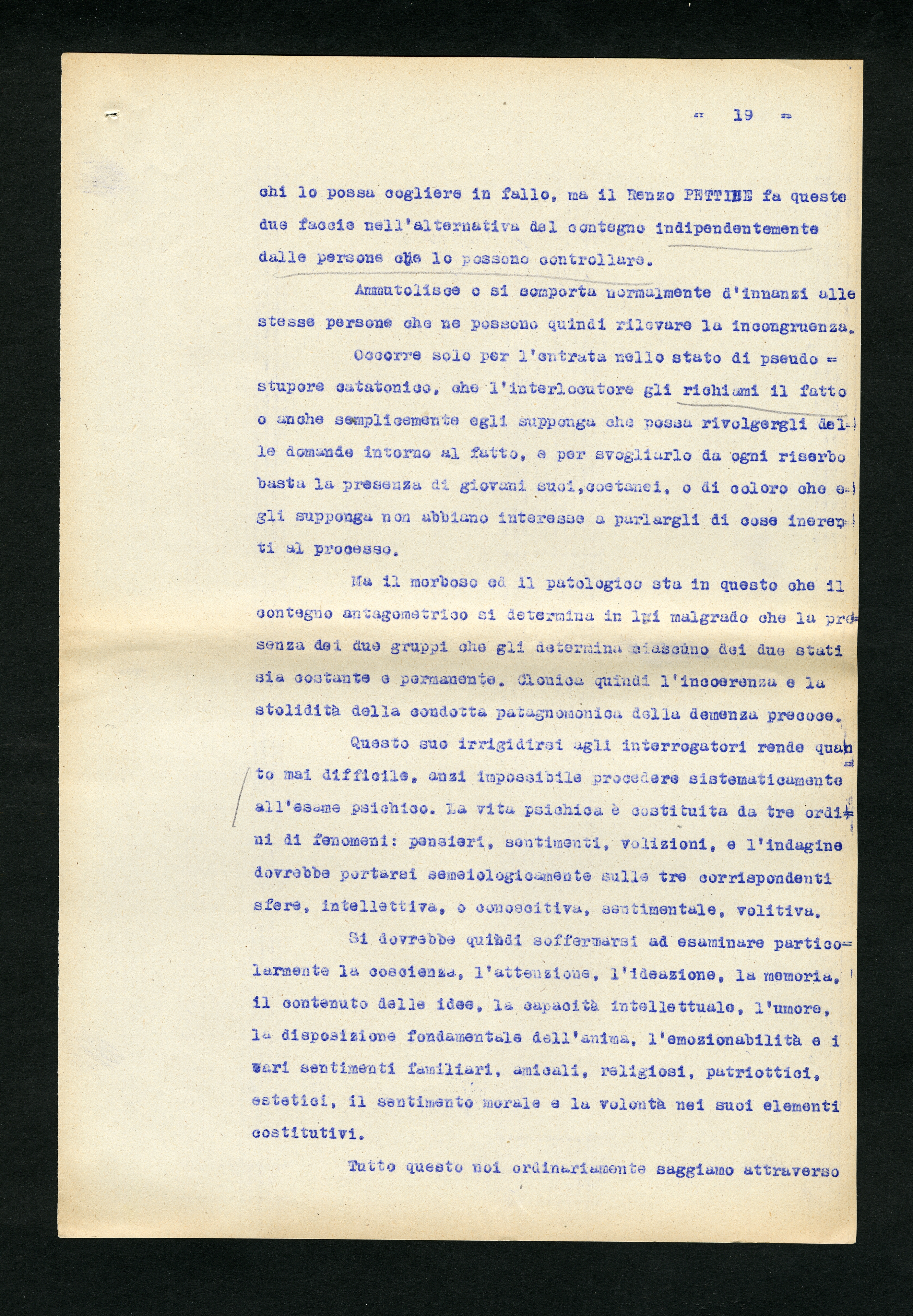 Perizia psichiatrica effettuata su Renzo Pettine da Giuseppe Antonini (Archivio Antonini, b. 7, fasc. 5)