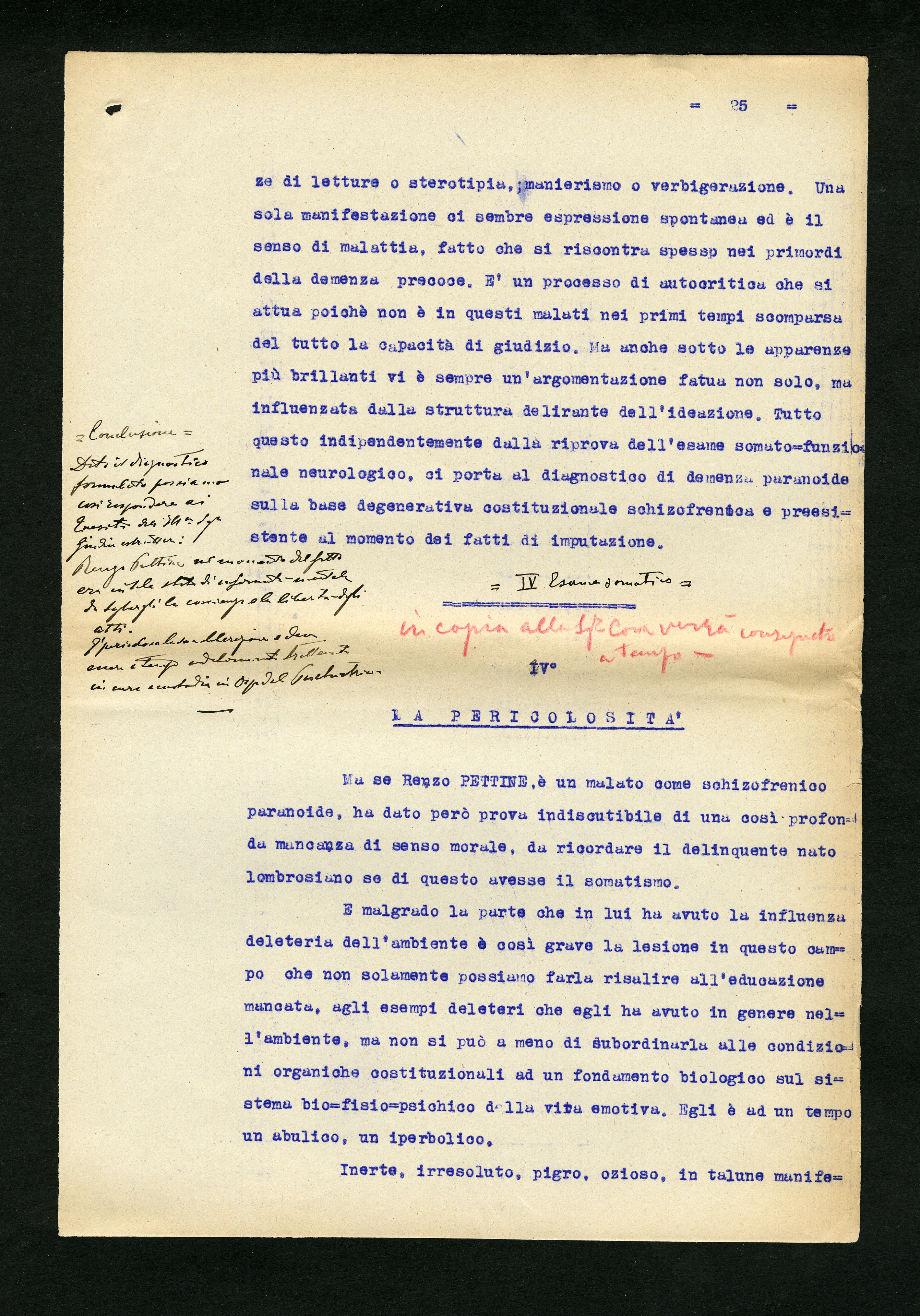 Perizia psichiatrica effettuata su Renzo Pettine da Giuseppe Antonini (Archivio Antonini, b. 7, fasc. 5)