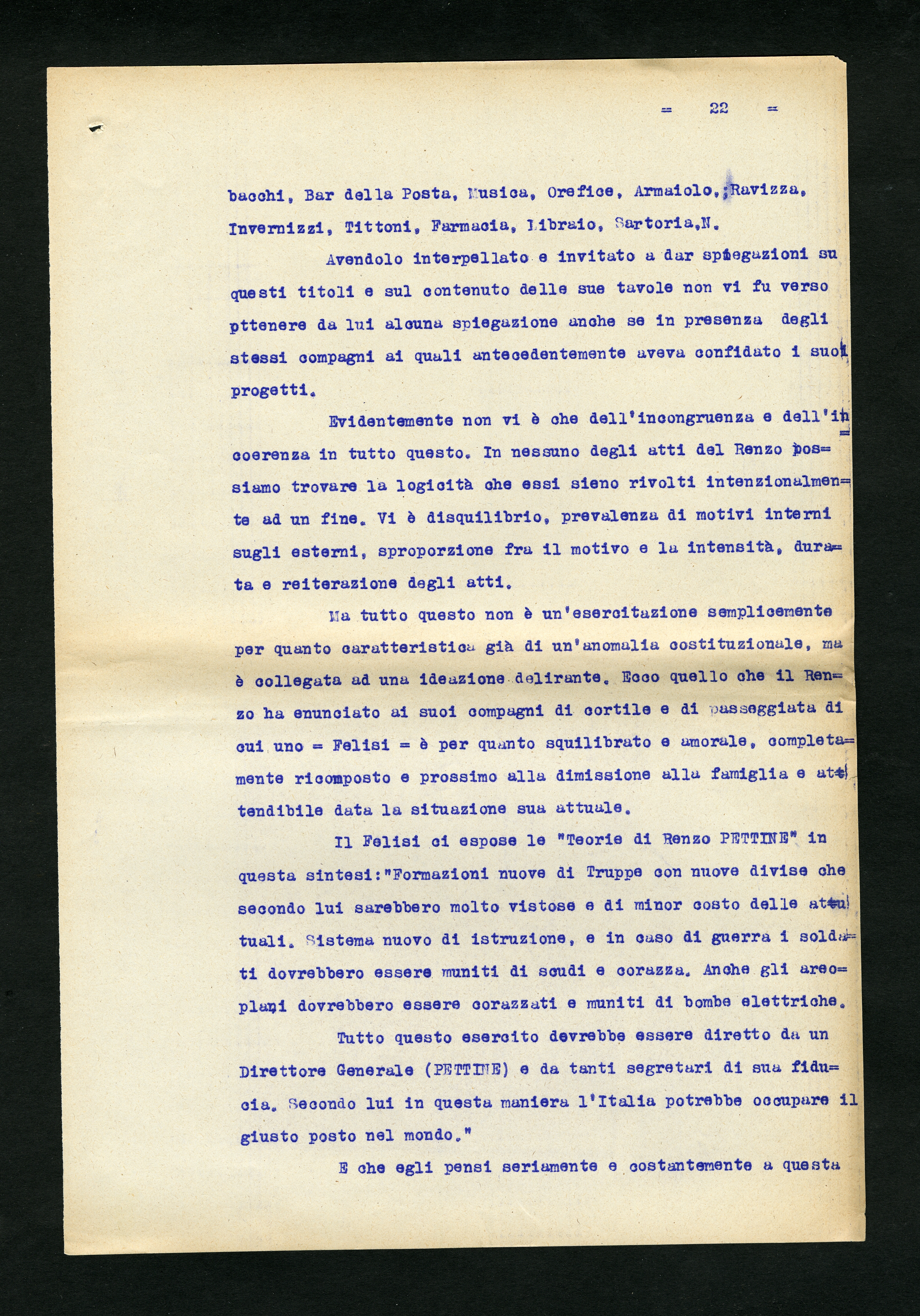 Perizia psichiatrica effettuata su Renzo Pettine da Giuseppe Antonini (Archivio Antonini, b. 7, fasc. 5)