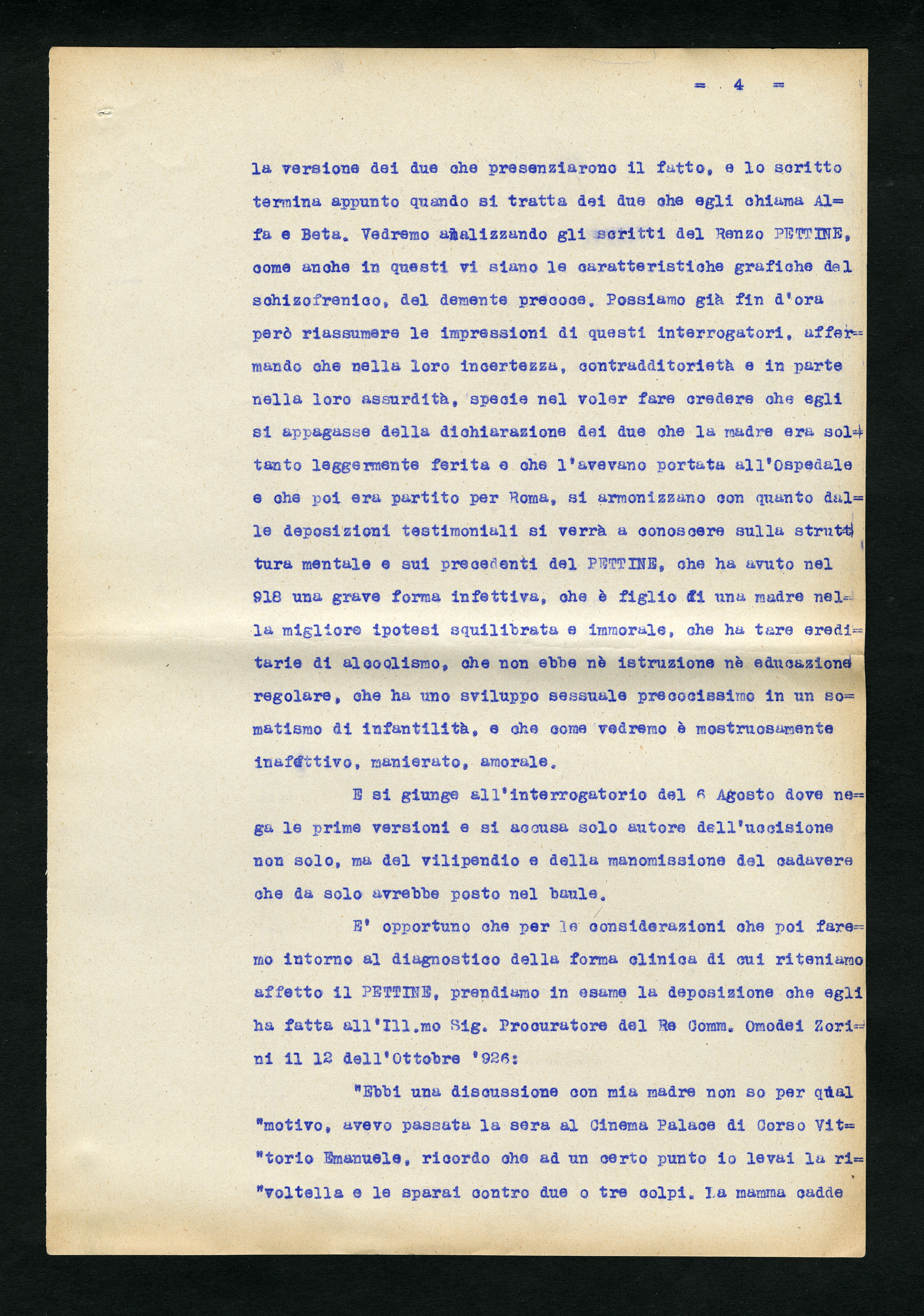 Perizia psichiatrica effettuata su Renzo Pettine da Giuseppe Antonini (Archivio Antonini, b. 7, fasc. 5)