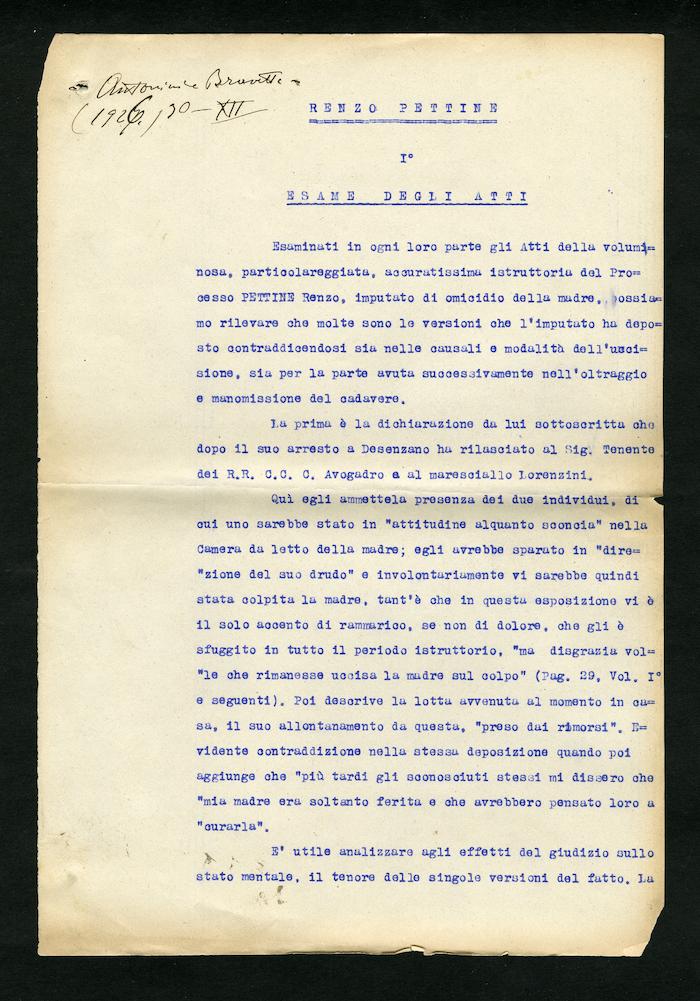 Perizia psichiatrica effettuata su Renzo Pettine da Giuseppe Antonini (Archivio Antonini, b. 7, fasc. 5)