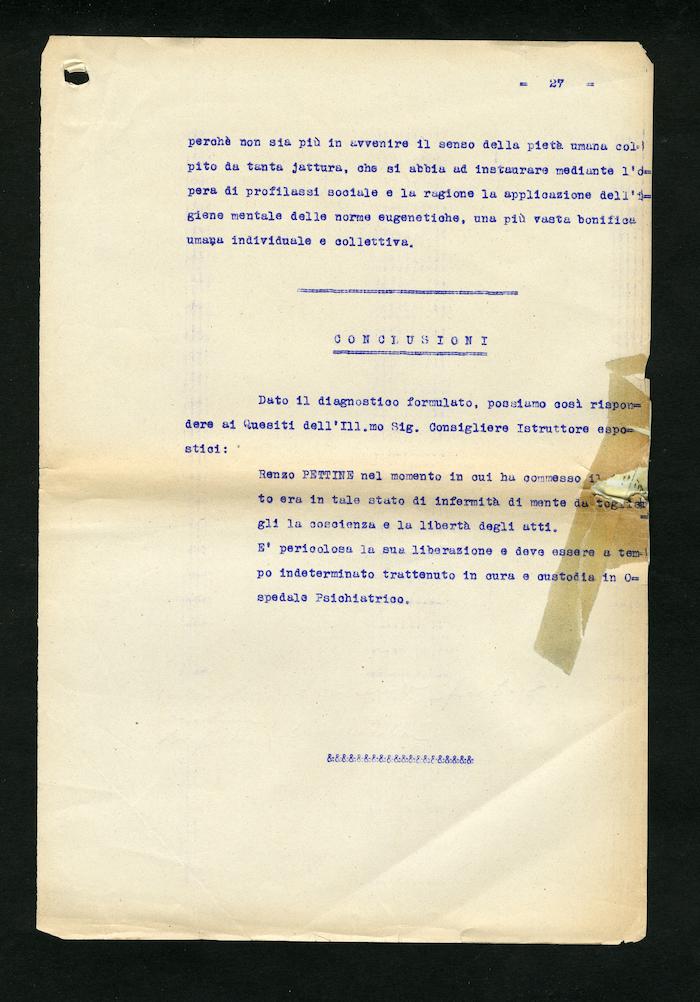 Perizia psichiatrica effettuata su Renzo Pettine da Giuseppe Antonini (Archivio Antonini, b. 7, fasc. 5)
