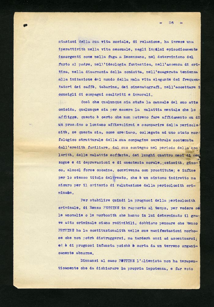 Perizia psichiatrica effettuata su Renzo Pettine da Giuseppe Antonini (Archivio Antonini, b. 7, fasc. 5)
