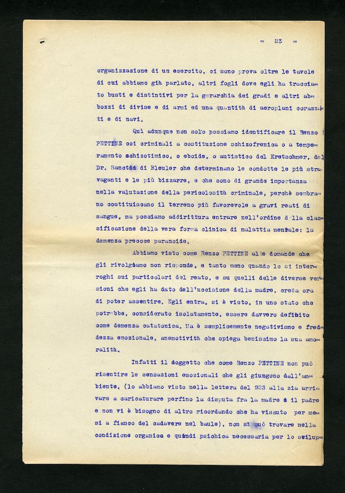 Perizia psichiatrica effettuata su Renzo Pettine da Giuseppe Antonini (Archivio Antonini, b. 7, fasc. 5)