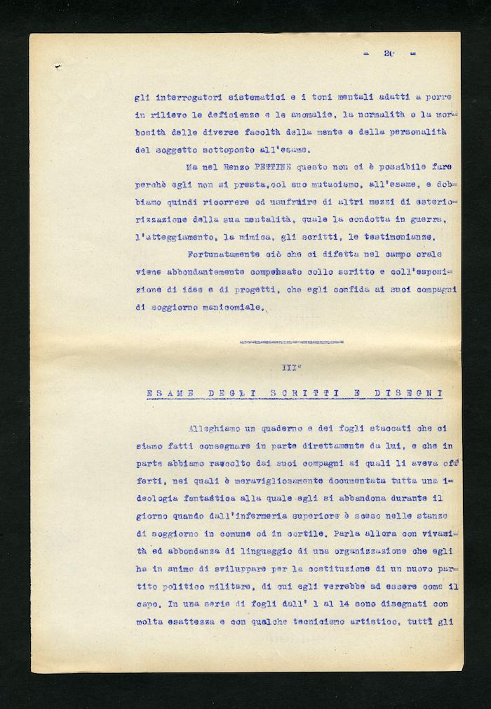 Perizia psichiatrica effettuata su Renzo Pettine da Giuseppe Antonini (Archivio Antonini, b. 7, fasc. 5)