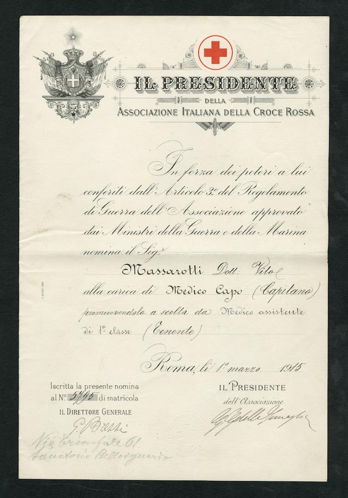 Nomina di Vito Massarotti a medico capo della Croce Rossa, 1° marzo 1915 (Archivio Massarotti, b. 2, fasc. 29)