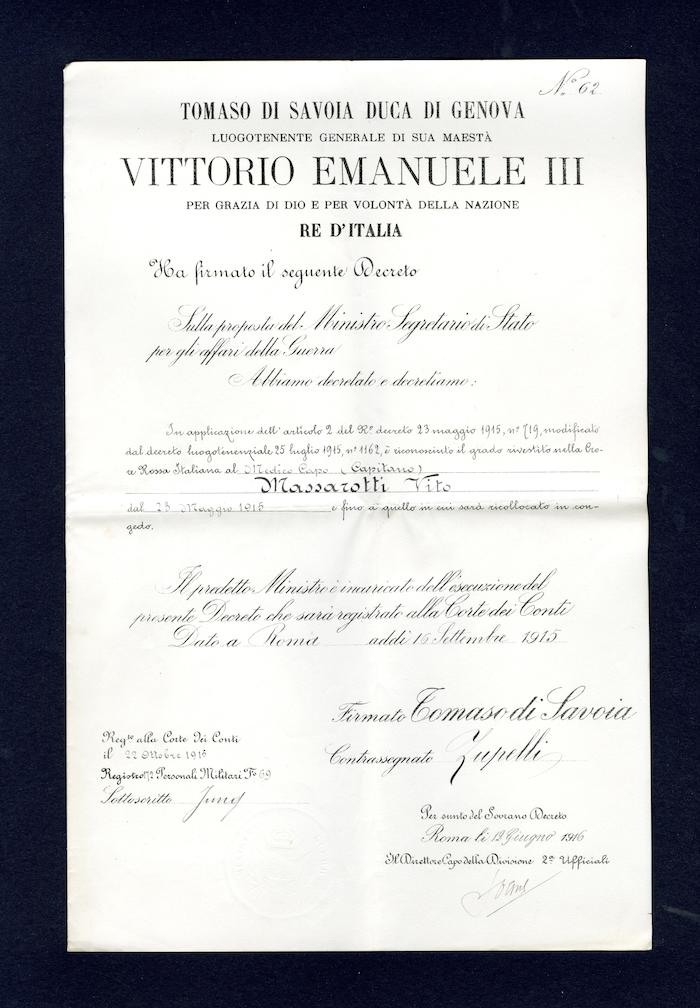 Decreto luogotenenziale di riconoscimento della nomina di Vito Massarotti a medico capo della Croce Rossa, 16 settembre 1915 (Archivio Massarotti, b. 2, fasc. 21)