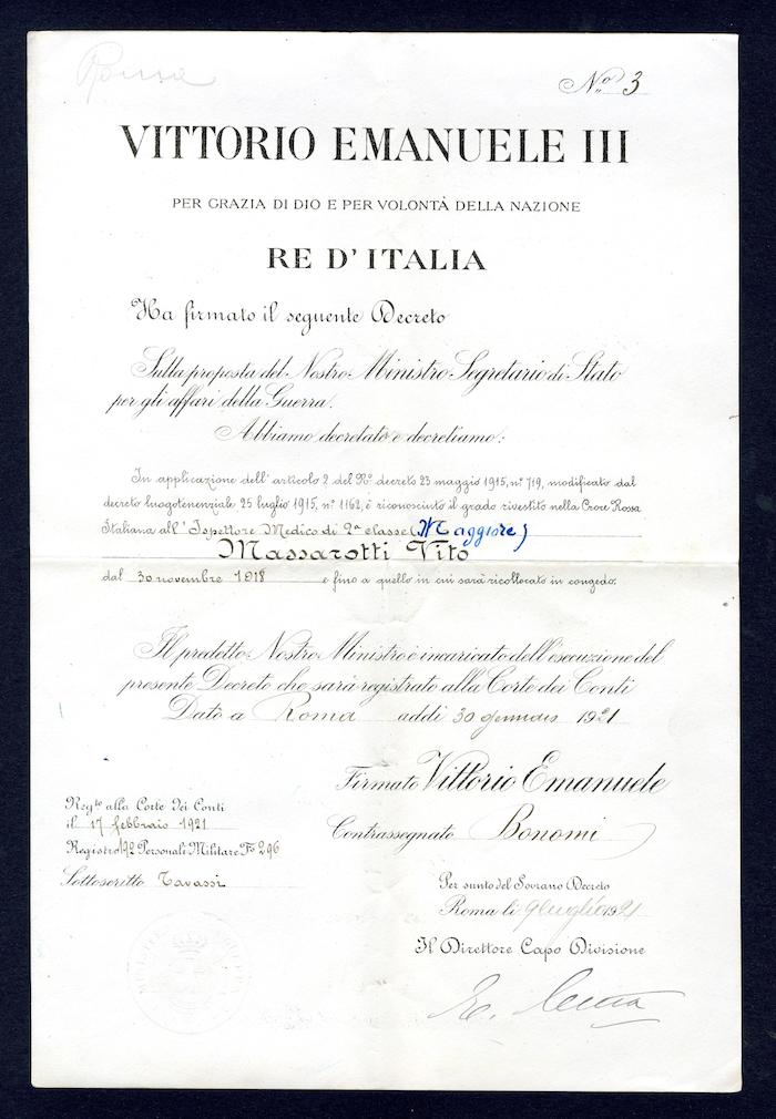 Regio Decreto di riconoscimento del grado di ispettore medico di seconda classe rivestito da Vito Massarotti nella Croce Rossa italiana, 30 gennaio 1921 (Archivio Massarotti, b. 2, fasc. 21)