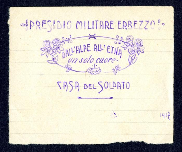 Timbro della Casa del soldato del Presidio militare di Erbezzo, 1917 circa (Archivio Massarotti, b. 1, fasc. 20)