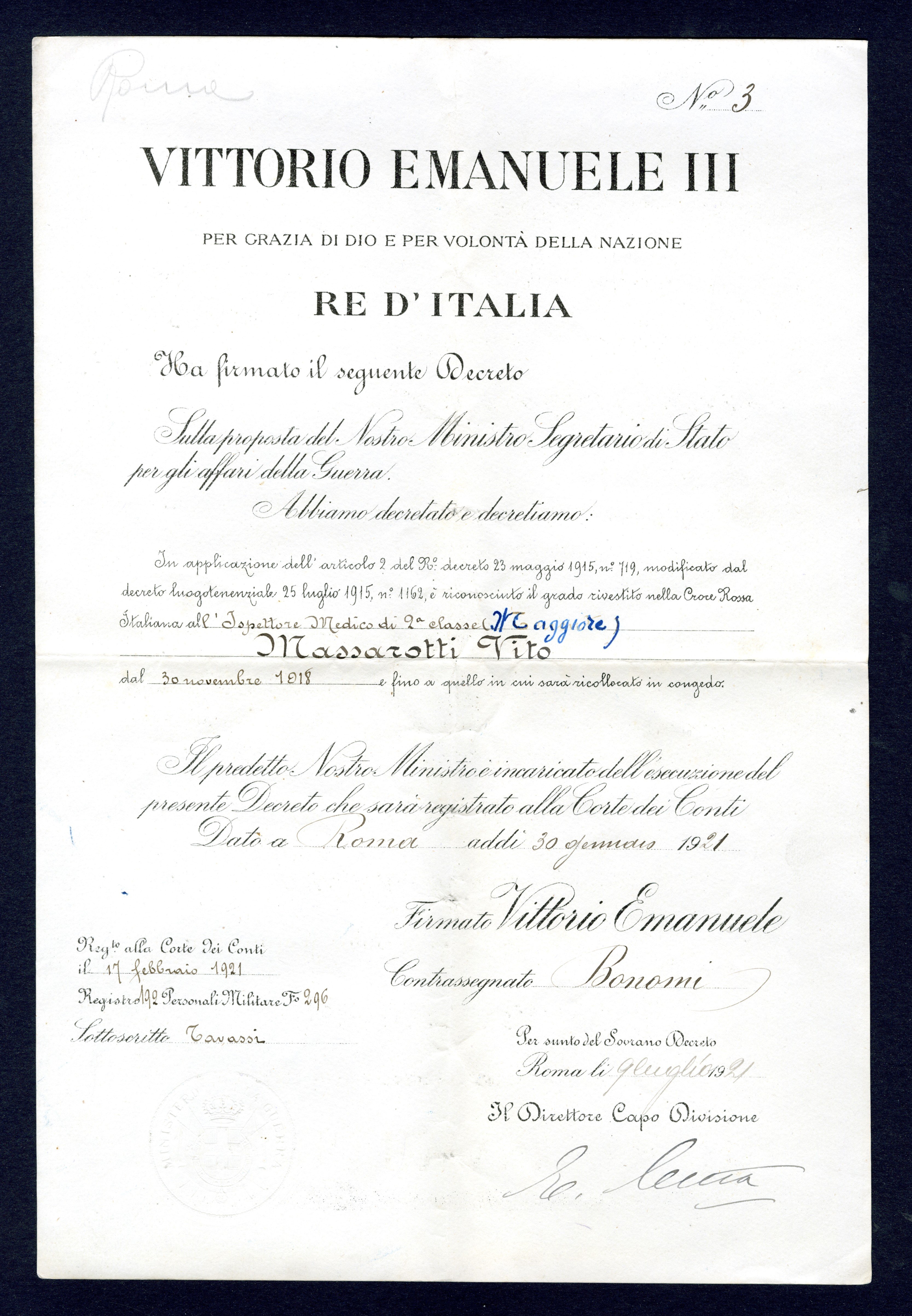Regio Decreto di riconoscimento del grado di ispettore medico di seconda classe rivestito da Vito Massarotti nella Croce Rossa italiana, 30 gennaio 1921 (Archivio Massarotti, b. 2, fasc. 21)