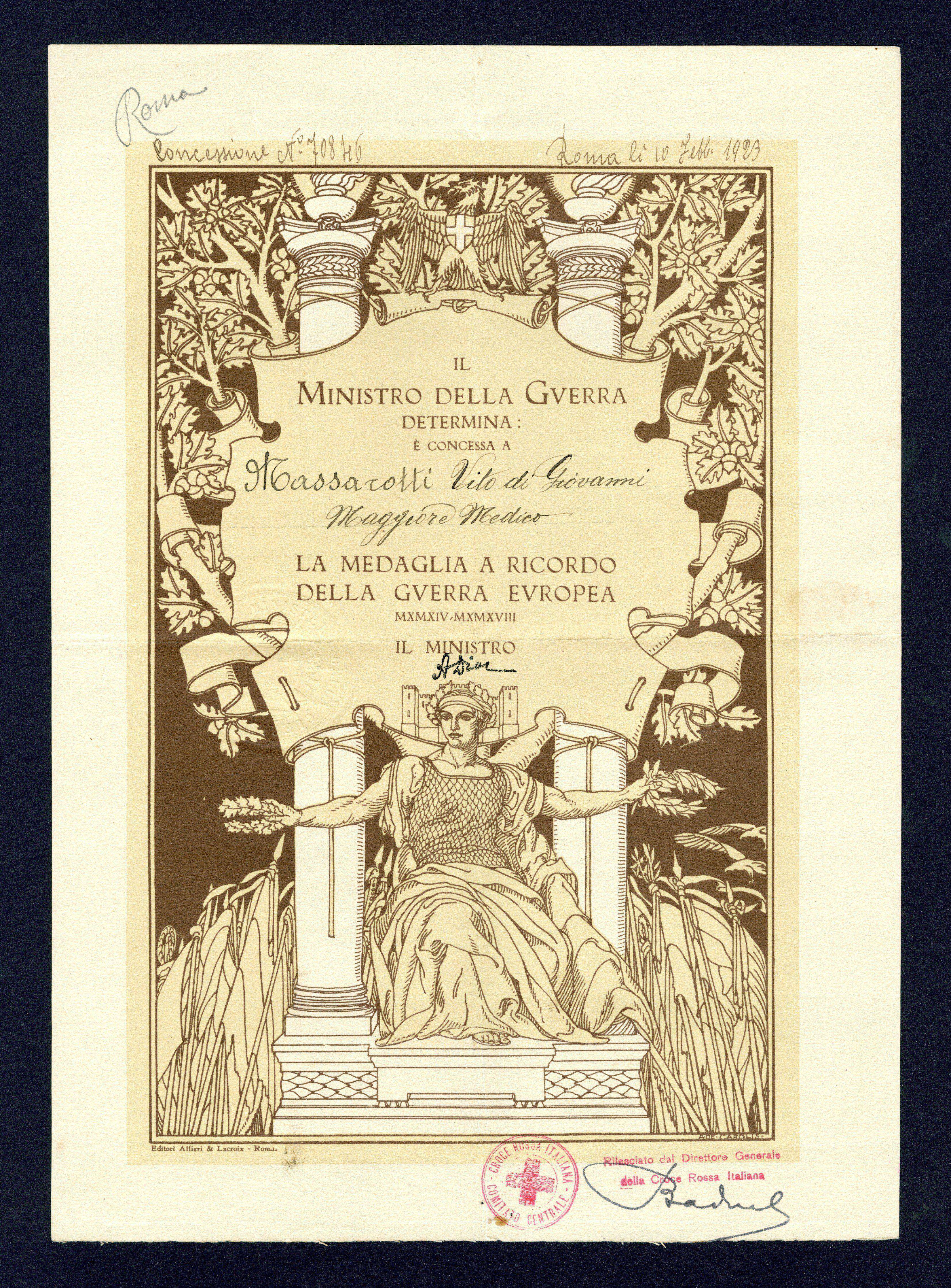 Concessione, da parte del Ministero della guerra al maggiore medico Vito Massarotti, della medaglia a ricordo della guerra europea 1915-1918, 10 febbraio 1923 (Archivio Massarotti, b. 2, fasc. 22)
