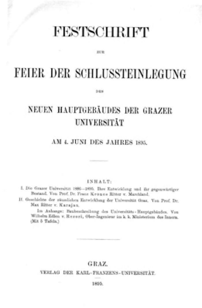 Lo scritto celebrativo per l'inaugurazione dell'edificio principale della nuova Università di Graz