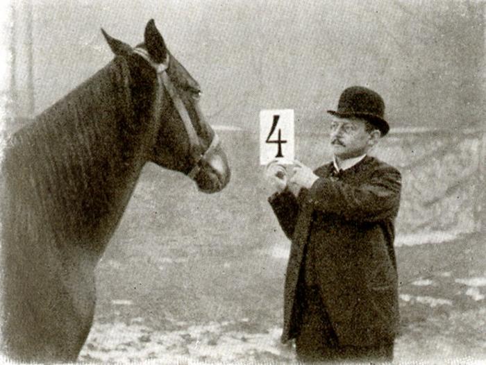 “Il Dr. August Schoeller mostra al cavallo una tavola numerica” (dal libro di Karl Krall "Denkende Tiere", 1912, p. 169)