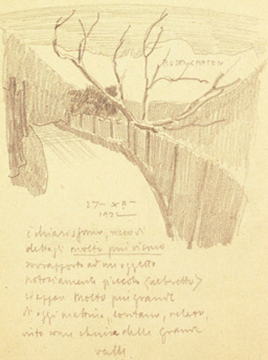 Paesaggio, 17 dicembre 1921; sullo sfondo la sagoma del Catinaccio (Rosengarten) innevato