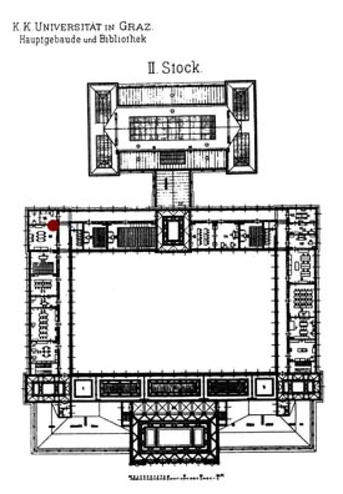 Pianta del secondo piano dell'edificio principale con indicazione del Laboratorio di psicologia (punto rosso)