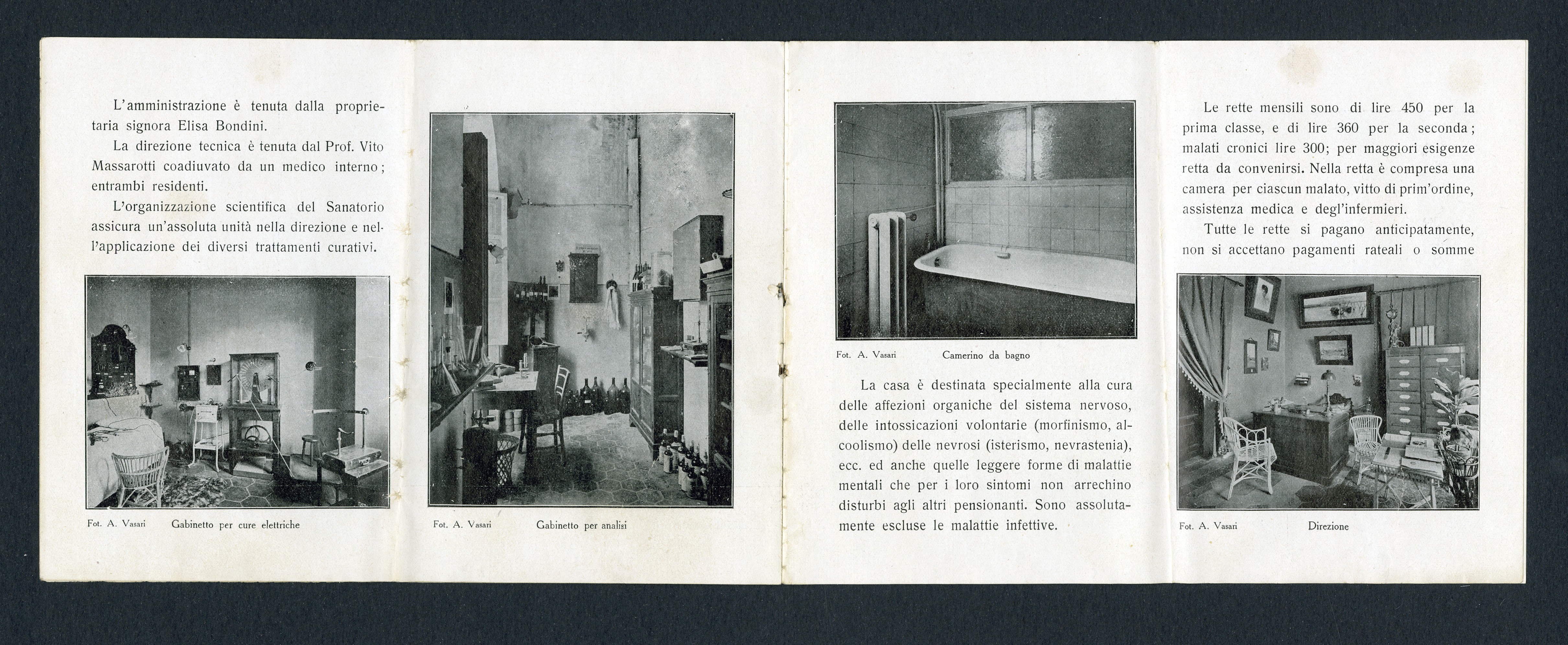 Opuscolo illustrativo del Sanatorio Bellosguardo di Roma. "Gabinetto per cure elettriche"; "Gabinetto per analisi"; "Camerino da bagno"; "Direzione"