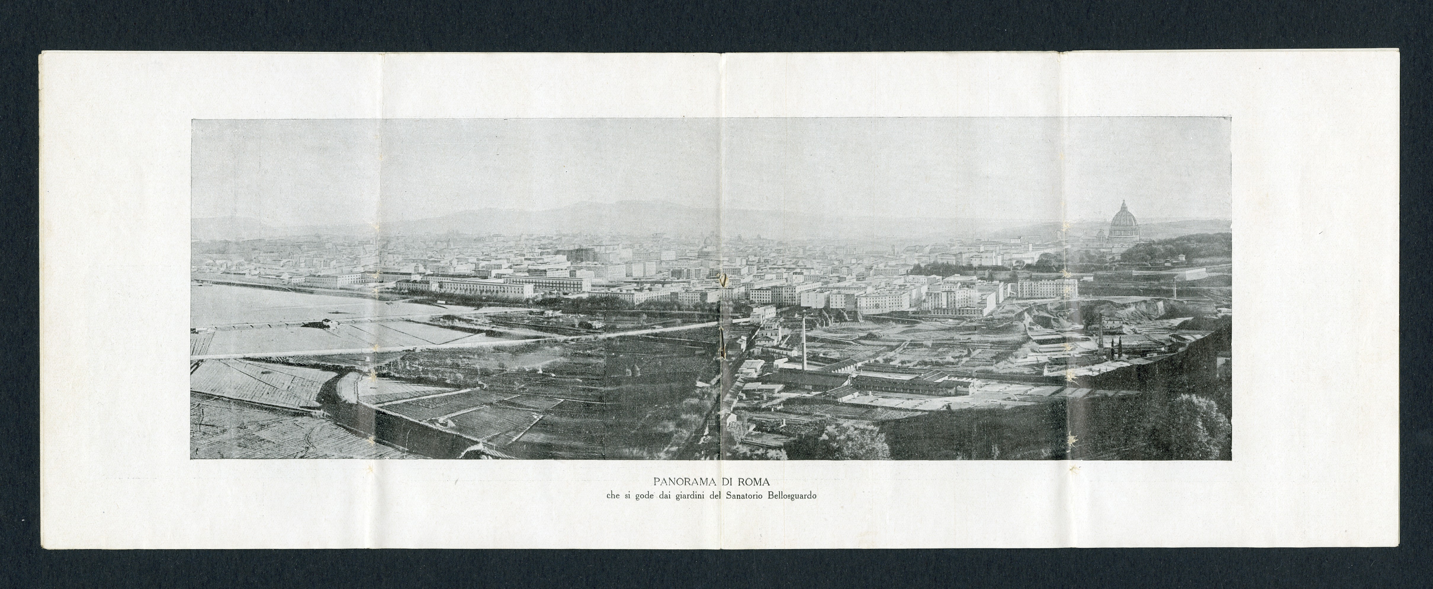 Opuscolo illustrativo del Sanatorio Bellosguardo di Roma. "Panorama di Roma che si gode dai giardini del Sanatorio Bellosguardo"