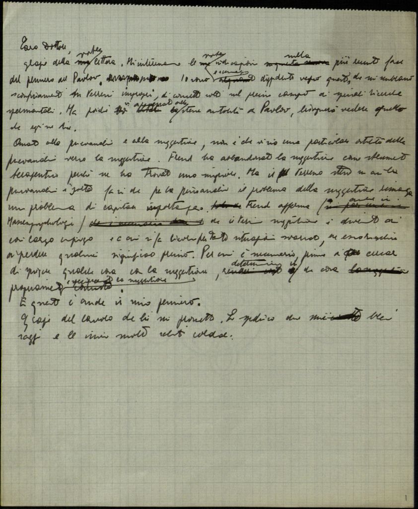 Minuta della lettera di Cesare Musatti a "Caro Dottore", ca. 1946 - 1951 (Aspi, Fondo Musatti, Carteggio)