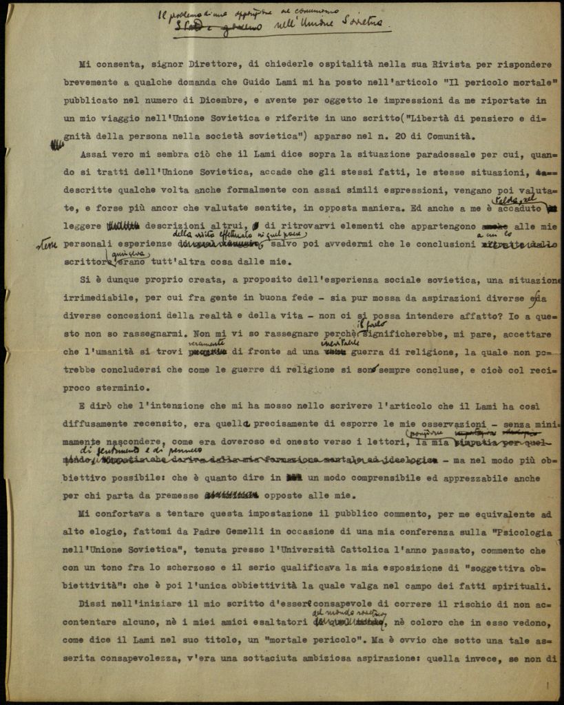 Minuta di lettera di Cesare Musatti al Direttore della Rivista "Studium", s.d. (Aspi, Fondo Musatti, Carteggio)