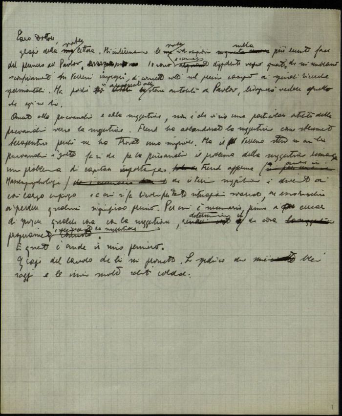 Minuta della lettera di Cesare Musatti a "Caro Dottore", ca. 1946 - 1951 (Aspi, Fondo Musatti, Carteggio)