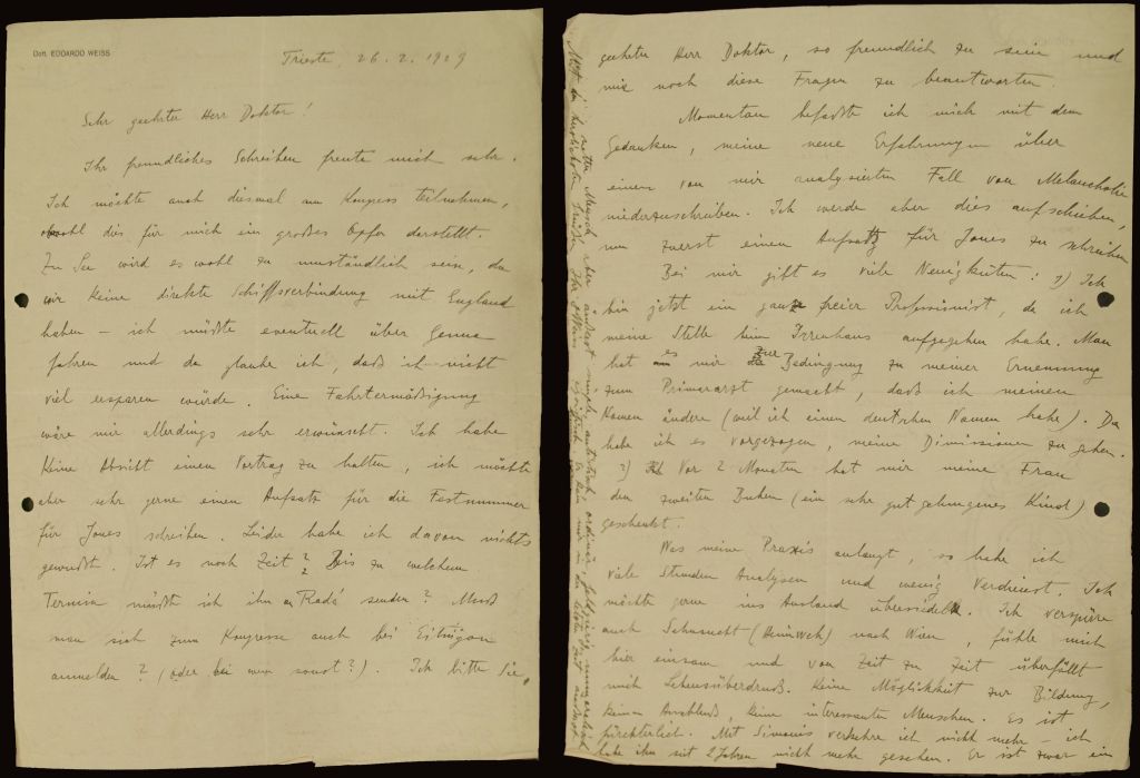 Lettera di Edoardo Weiss a Paul Federn del 26 febbraio 1929 (Archivio Weiss, Corrispondenza generale)