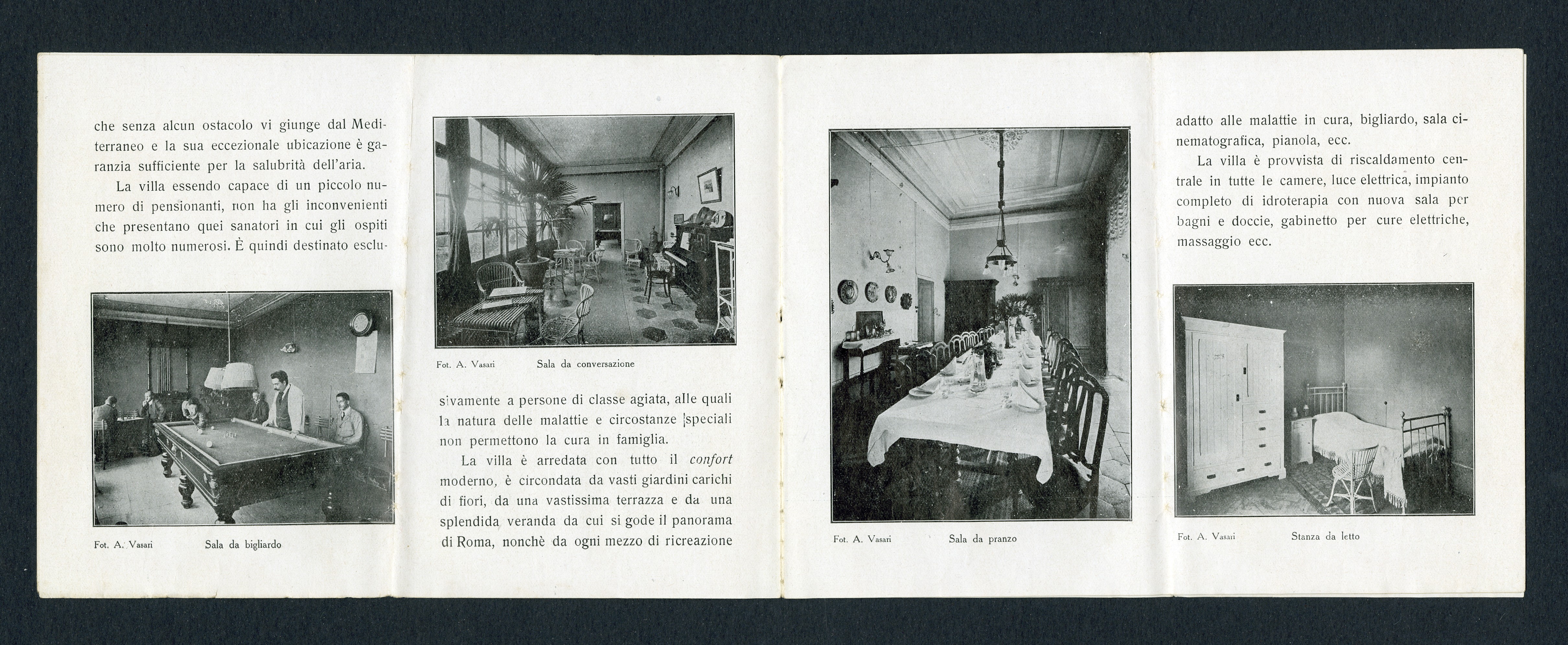 Opuscolo illustrativo del Sanatorio Bellosguardo di Roma. "Sala da bigliardo"; "Sala da conversazione"; "Sala da pranzo"; "Stanza da letto"