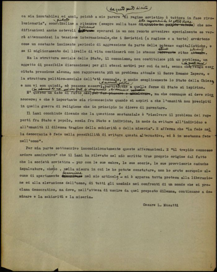 Minuta di lettera di Cesare Musatti al Direttore della Rivista "Studium", s.d. (Aspi, Fondo Musatti, Carteggio)