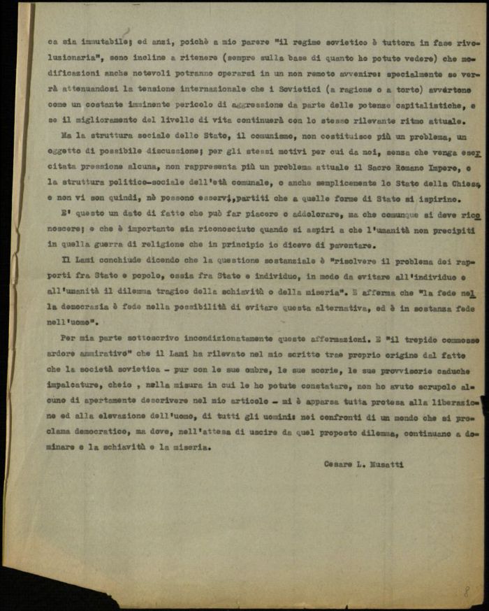 Minuta di lettera di Cesare Musatti al Direttore della Rivista "Studium", s.d. (Aspi, Fondo Musatti, Carteggio)