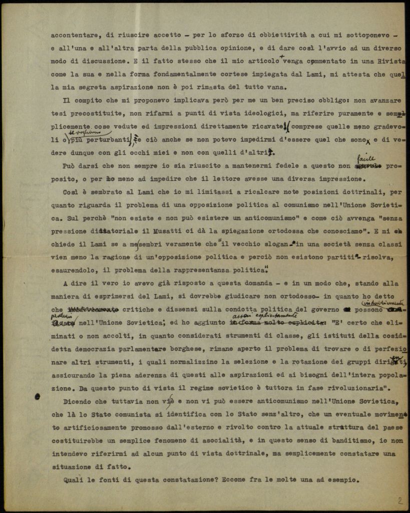Minuta di lettera di Cesare Musatti al Direttore della Rivista "Studium", s.d. (Aspi, Fondo Musatti, Carteggio)