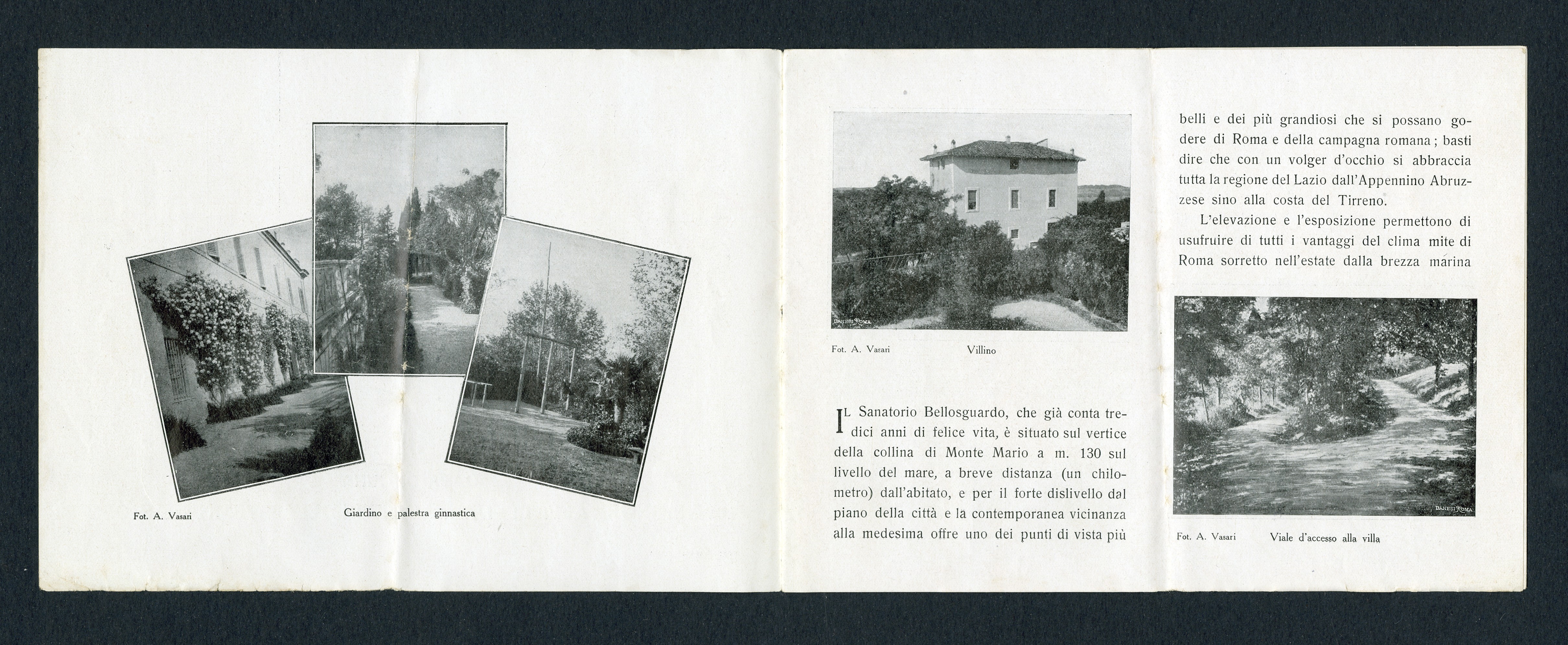Opuscolo illustrativo del Sanatorio Bellosguardo di Roma. "Giardino e palestra ginnastica"; "Villino"; "Viale d'accesso alla villa"