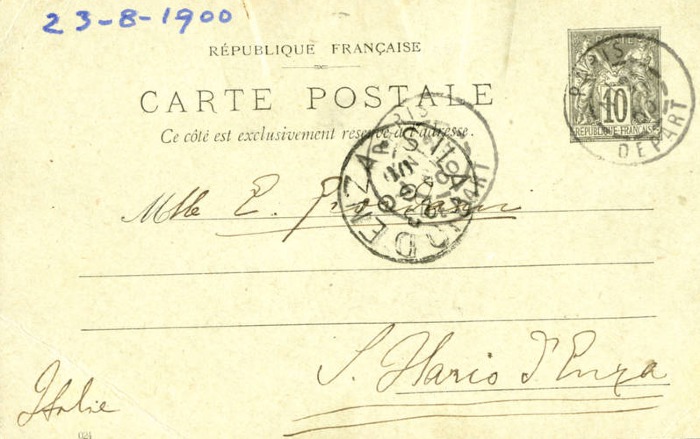 Cartolina di Giulio Cesare Ferrari a Emilia Giordani, Parigi, 21/08/1900 (Aspi, Fondo Ferrari, recto)