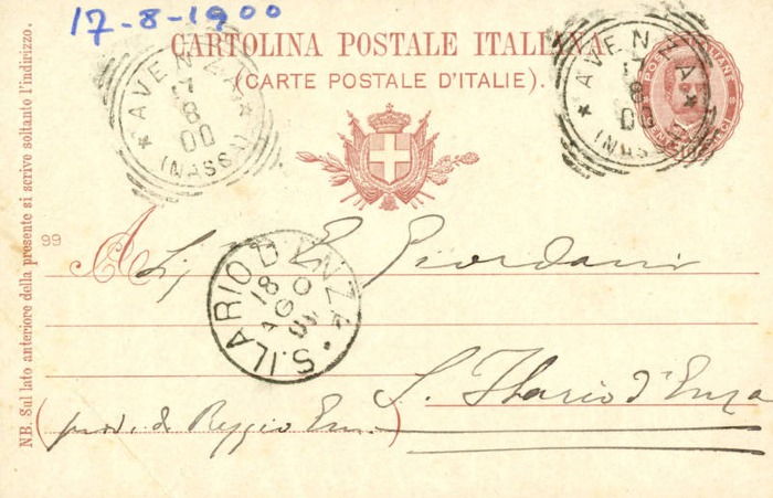 Cartolina di Giulio Cesare Ferrari a Emilia Giordani, Avenza, 17/08/1900 (Aspi, Fondo Ferrari, recto)