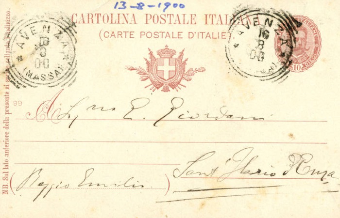 Cartolina di Giulio Cesare Ferrari a Emilia Giordani, Avenza, 16/08/1900 (Aspi, Fondo Ferrari, recto)