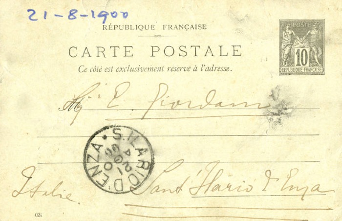 Cartolina di Giulio Cesare Ferrari a Emilia Giordani, Parigi, 19/08/1900 (Aspi, Fondo Ferrari, recto)