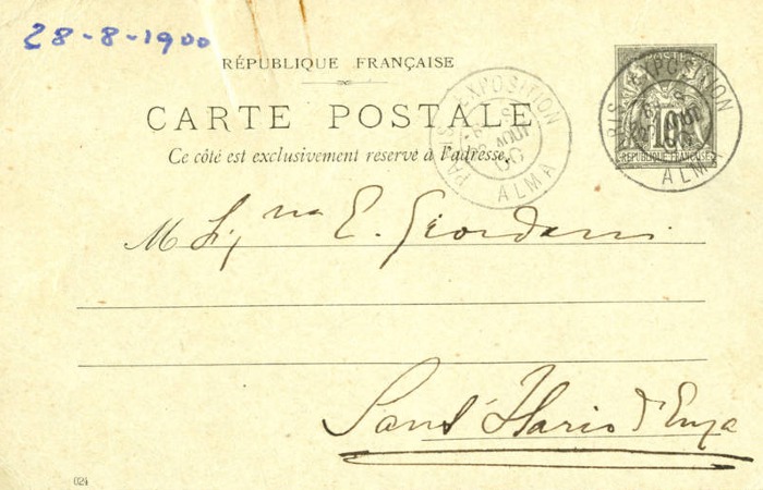 Cartolina di Giulio Cesare Ferrari a Emilia Giordani, Parigi, 22/08/1900 (Aspi, Fondo Ferrari, recto)