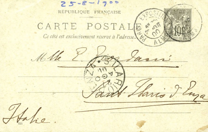 Cartolina di Giulio Cesare Ferrari a Emilia Giordani, Parigi, 25/08/1900 (Aspi, Fondo Ferrari, recto)