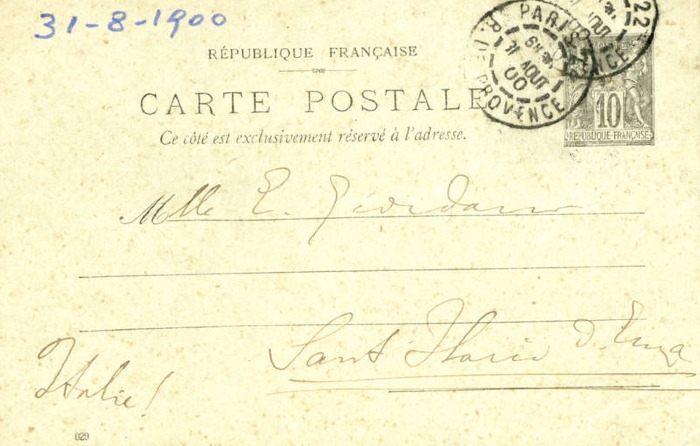 Cartolina di Giulio Cesare Ferrari a Emilia Giordani, Parigi, 31/08/1900 (Aspi, Fondo Ferrari, recto)