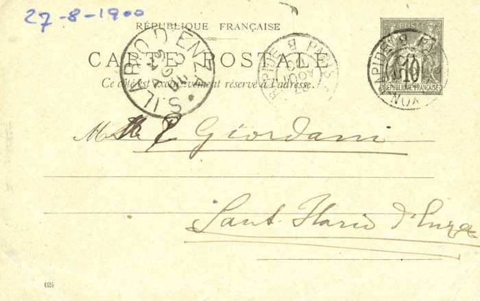 Cartolina di Giulio Cesare Ferrari a Emilia Giordani, Parigi, 27/08/1900 (Aspi, Fondo Ferrari, recto)